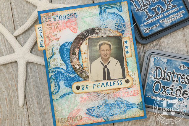 Be Fearless Card by Juliana Michaels featuring Tim Holtz Ranger Ink Uncharted Mariner Distress with Stamp and Smudge Technique