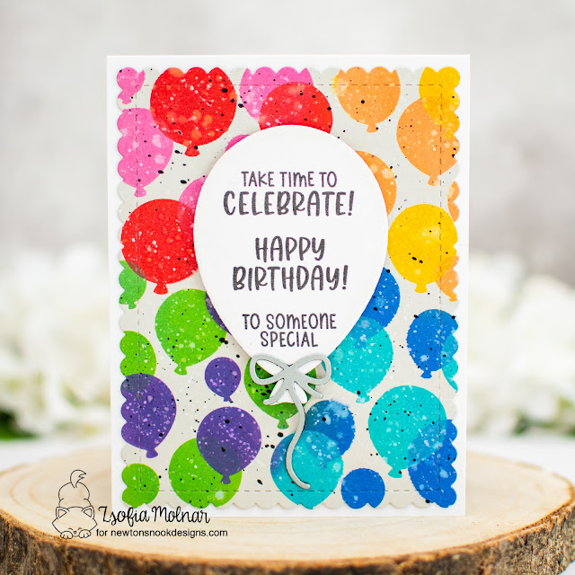 Balloon Filled Birthday Card by Zsofia Molnar | Bokeh Balloon Stencil Set, Balloon Shaker Die Set, Birthday Oval Stamp Set and Frames & Flags Die Set by Newton's Nook Designs #newtonsnook #handmade