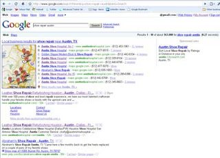 Google search SERP on search for shoe repair in Austin, TX