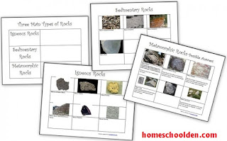 http://homeschoolden.com/2013/02/24/three-types-of-rocks-our-activities-and-a-free-worksheet-packet/