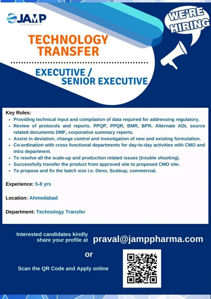 Job Availables,Jamp Pharma Job Vacancy For Technology Transfer