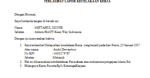 Contoh Surat Keterangan keterlambatan untuk Klaim jkk 