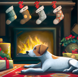 A dog sits patiently by the fire waiting for Santa