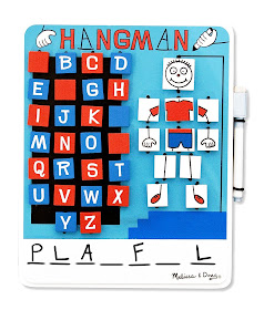 front side of Melissa and Doug's wooden Hangman game with flip-over tiles