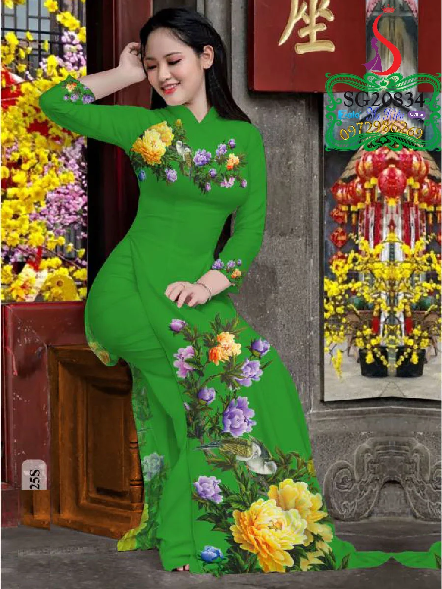 Tà áo dài hoa mẫu đơn đẹp Việt Nam thanh lich 2020 SG830838