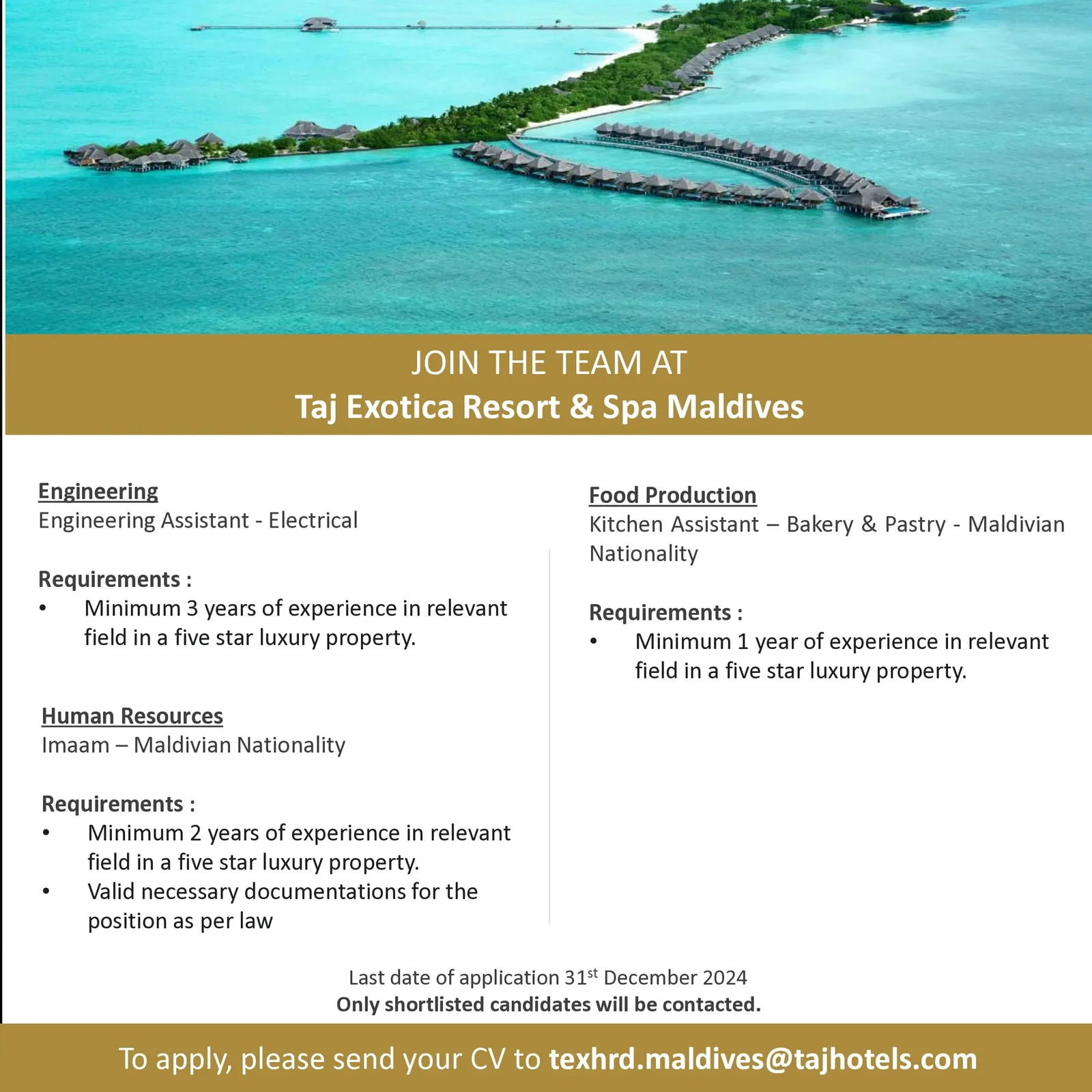 image of Engineering Assistant, Imaam and Kitchen Assistant Job Vacancy at Taj Exotica Resort & Spa Maldives
 job advert
