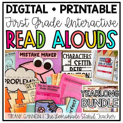 Interactive Read Aloud Lessons for First Grade | Each set of read aloud plans include anchor charts, posters, a daily lesson plan, assessing and advancing questions for partner talk and reading response, vocabulary, mentor sentences, speaking and listening checklists, vocabulary acquisition checklists, and daily and culminating task journal printables, as well as crafts and directed drawing. Get ready for an engaging interactive read aloud!