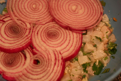 ceviche covered by red onion