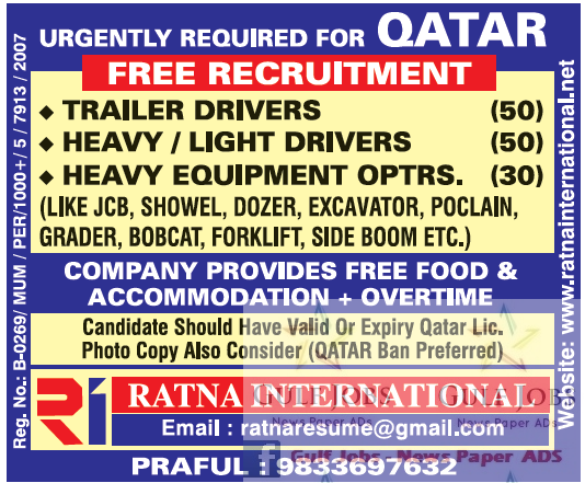 Free job recruitment for Qatar