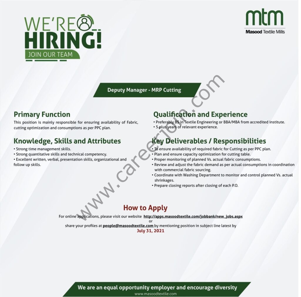 www.masoodtextile.com Jobs 2021 - Masood Textile Mills Ltd MTM Jobs 2021 in Pakistan