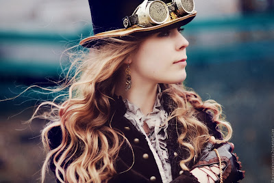 steampunk clothing (women's clothing, top hat, goggles, gloves, earrings, jacket, blouse)