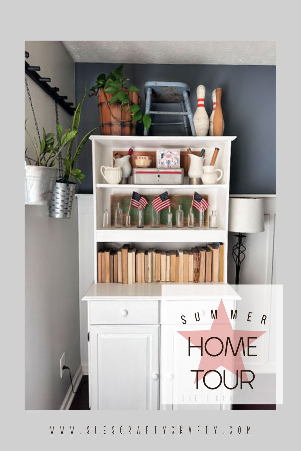 Summer Home Tour with rustic vintage farmhouse style pinterest pin.