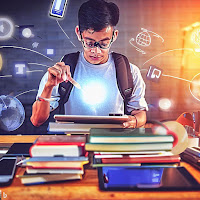 The image should show a student in action, surrounded by different learning resources and tools such as books, computers, tablets, and other technological devices. The student should be engaged in the learning process, taking on the role of the protagonist of their own knowledge journey.