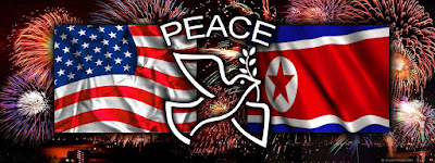 compound image of fireworks in the background with the USA and North Korea flags in the middle ground and a peace dove and the word piece in the foreground