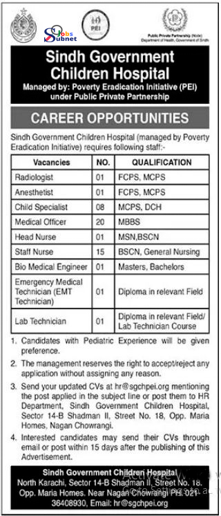 Sindh Government Children Hospital Jobs 2023 in Pakistan