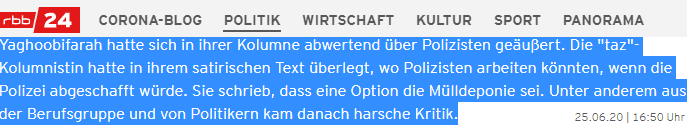 Yaghoobifarah hatte sich in ihrer Kolumne abwertend über Polizisten geäußert. Die 