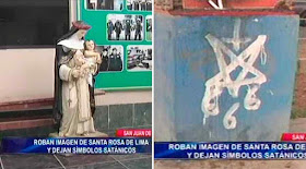 Imagem de Santa Rosa de Lima substituída por símbolos satânicos, Lima, Peru.
