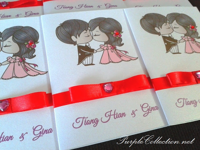 Cartoon Wedding Invitation Cards, wedding cartton invites, classic one fold card, pearl white card, pearl white, pearl white card type, cartoon cards, wedding cards, invitation cards, wedding, invitation, red ribbon, red diamond, tiong hian and gina, tiong hian, gina