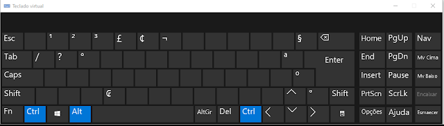 Botões Ctrl e Alt apertados do Teclado Virtual do Windows