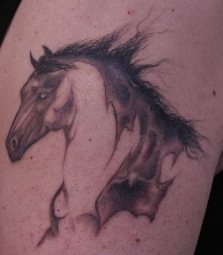 Tattered horse tattoo.
