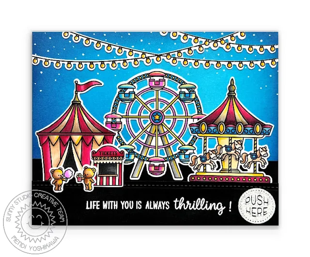 Sunny Studio Interactive Light Up Amusement Park Card (using Country Carnival, Scenic Route Stamps & Slimline Basic Border Die)