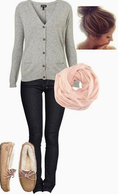 Pink scarf grey cardigan with black pants and long boots 