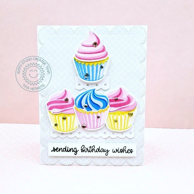 Sunny Studio Stamps: Scrumptious Cupcakes Birthday Card by Tina Henkens (featuring Happy Thoughts, Frilly Frame Dies, Slimline Dies)