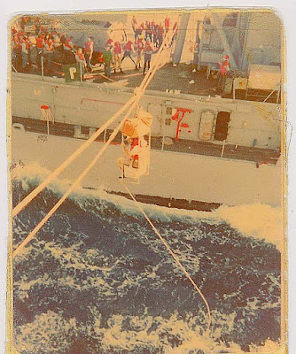 LTJG Lenny Campello being hi-lined from USS THORN to USS JOHN KING in 1980s