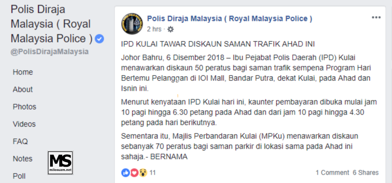 Diskaun saman polis 50 peratus IPD Kulai