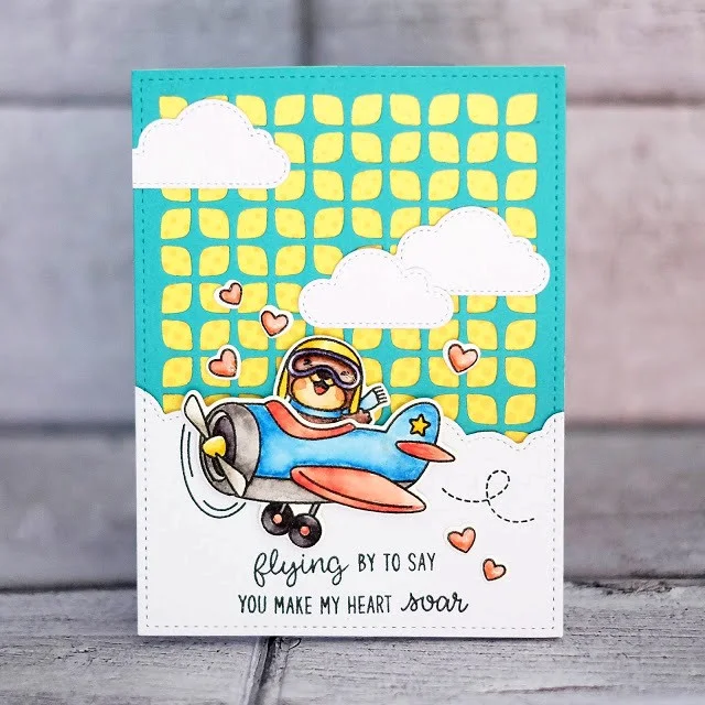 Sunny Studio Stamps: Frilly Frames Retro Petals Dies, Plane Awesome & Fluffy Clouds Dies Love Themed Airplane Card by Lexa Levana