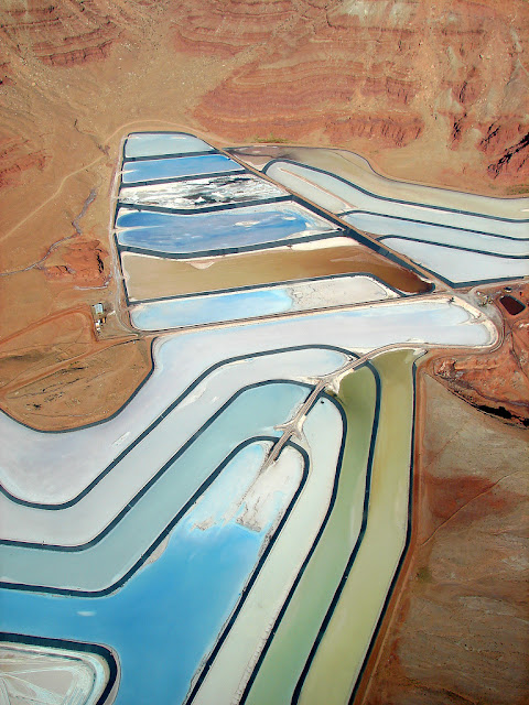 "Evaporation Ponds" by Jesse Varner - Moab, Utah - blue colored pools in the desert, aerial photography