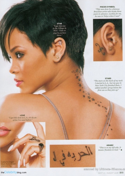 Tattoos on Rihanna the singer including stars on neck, finger tattoos and.