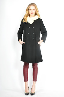 Vintage 1960's black wool mod princess coat with white mink fur trim.