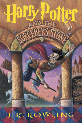 book cover of young adult fantasy novel Harry Potter and the Sorcerer's Stone by JK Rowling.