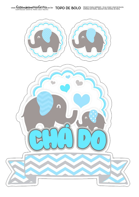 Elephants in Light Blue: Free Printable Cake Toppers.