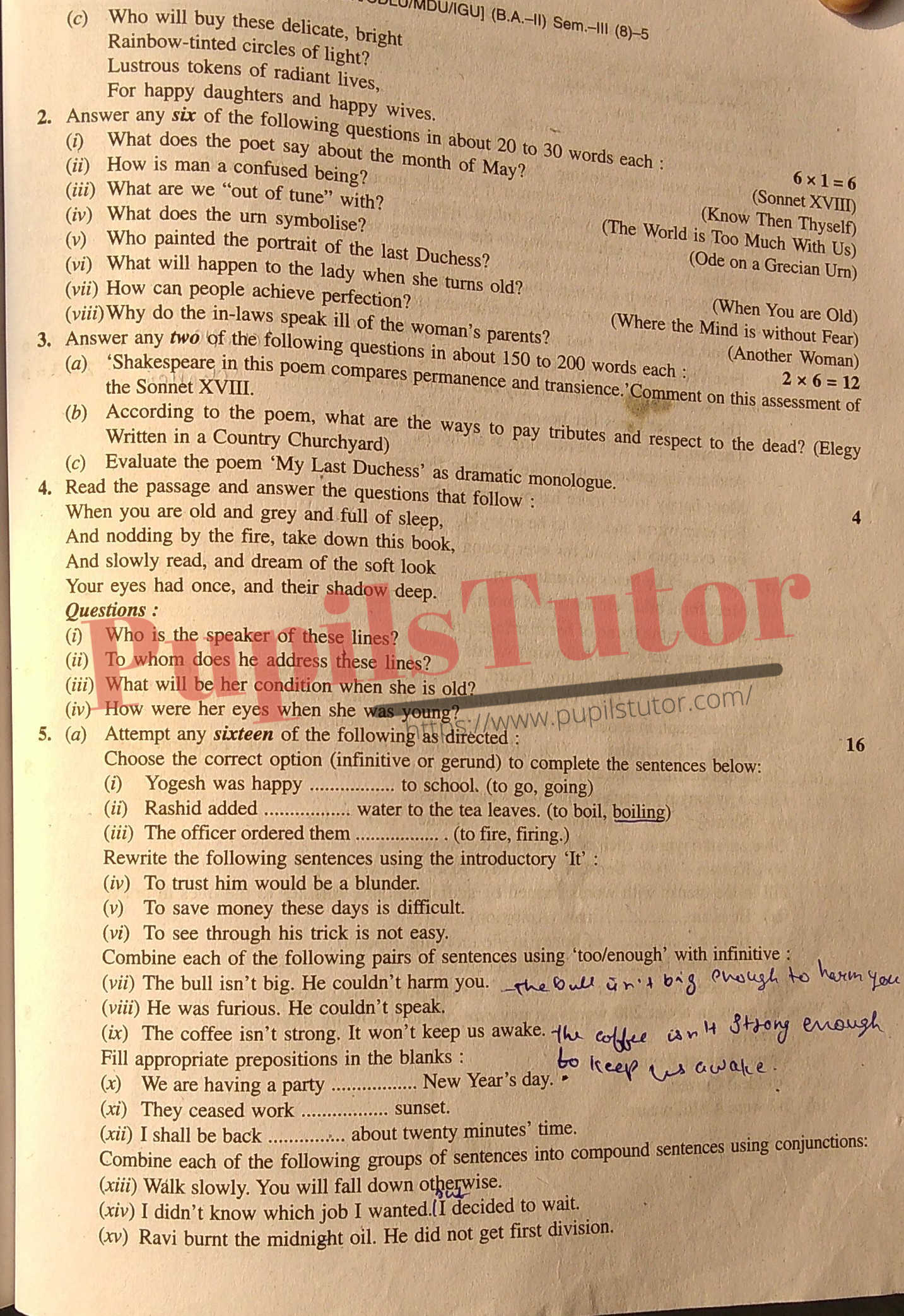 M.D. University B.A. English Third Semester Important Question Answer And Solution - www.pupilstutor.com (Paper Page Number 2)
