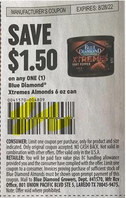 $1.50/1 Blue Diamond Xtreme Almonds Coupon from "SMARTSOURCE" insert week of 6/26/22.