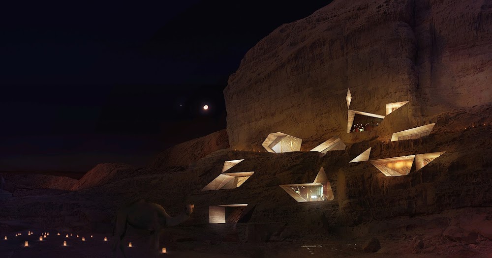 Mars colony style resort at Wadi Rum by Chad Oppenheim (night)