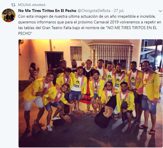 Nombre de la chirigota de Rota (Cádiz) de José Caballero Molina e Iván Herrera Lobato "No me tires Tiritos en el Pecho" para el COAC 2019. 