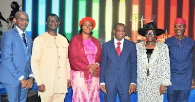 L-R: Pastor Samuel Sanusi, General Secretary/CEO, The Bible Society of Nigeria; Evangelist Mike Bamiloye,  Founder, Mount Zion Faith Ministries; his wife, Gloria; Rev Sam Aboyeji, General Overseer, Foursquare Gospel Church in Nigeria; his wife, Olabisi; and Mr. John Obaro, Group Managing Director, SystemSpecs, during the maiden edition of the "Switch",  non-interdenominational youth summit aimed at mentoring younger and upcoming ministers and leaders held at the Foursquare Gospel Church in Yaba, Lagos on Saturday