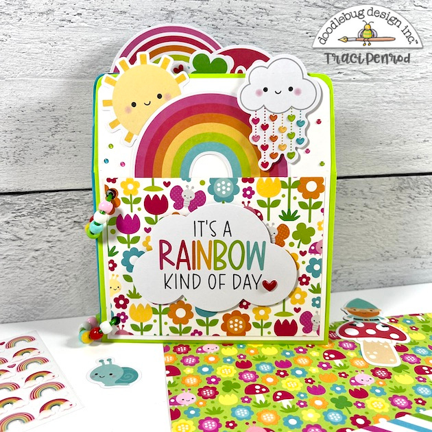 Spring envelope style scrapbook album with rainbows & flowers