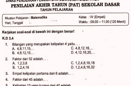 Soal Ulangan Matematika Kelas 4 Semester 2 K 13