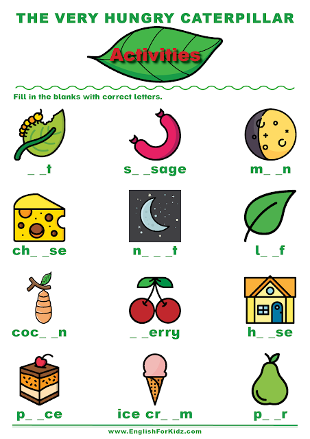 The Very Hungry Caterpillar worksheet to learn English phonics