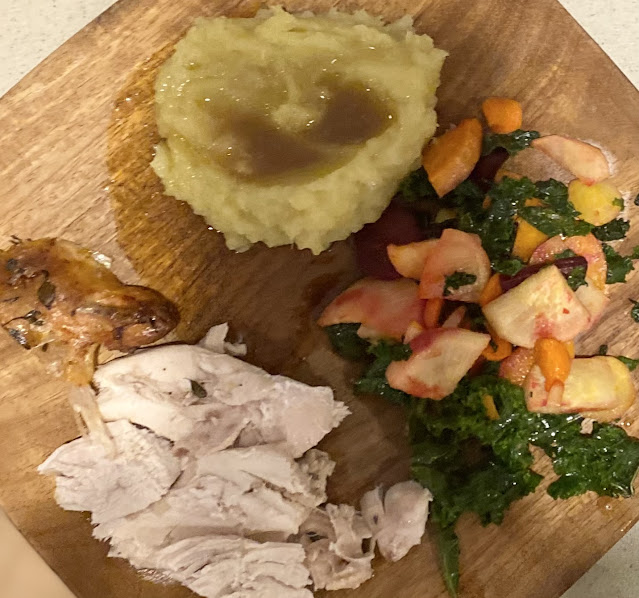aip roast chicken, mashed sweet potatoes, and root vegetables