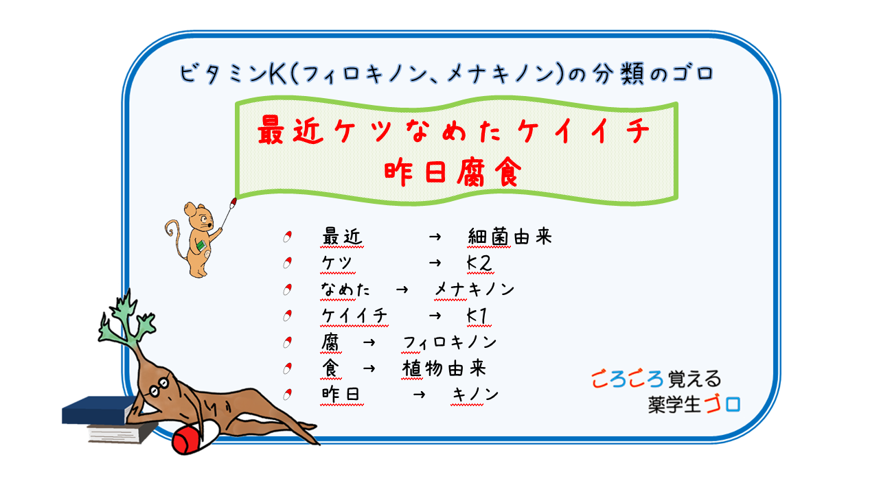 ビタミンｋ フィロキノン メナキノン の分類のゴロ 覚え方 ごろごろ覚える薬学生ゴロ 薬剤師国家試験対策
