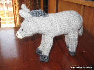 from a different Jean Greenhowe booklet, the knitted donkey for the nativity, Quite tricky in places.