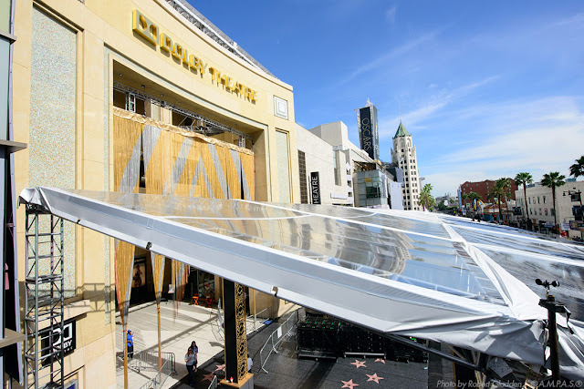 The slanting tents from one end of the Red Carpet to the other is a new look for the Oscars this year.