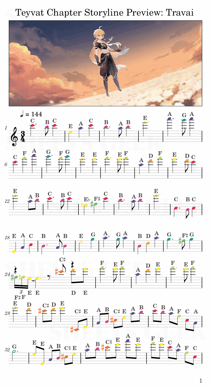 Teyvat Chapter Storyline Preview: Travai (Genshin Impact) Easy Sheet Music Free for piano, keyboard, flute, violin, sax, cello page 1