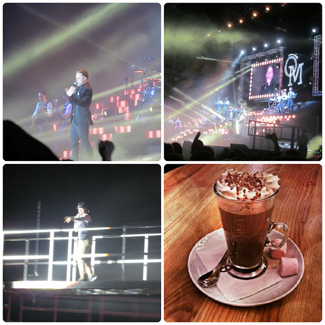 four rounded corner square photos from left to right and down: olly murs singing with band in background, OM staging, olly with black hat pointing out to audience, costa hot chocolate