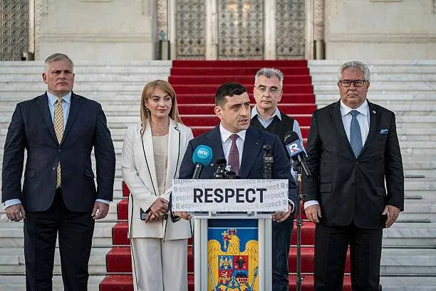 George Simion, presidential candidate and leader of the Alliance for the Union of Romanians (AUR), speaks during a press conference outside the Palace of the Parliament in Bucharest, Romania, on May 4, 2025. Photo by Ioana Moldovan/Bloomberg